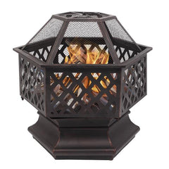 HAOYYE Hexagonal Iron Fire Pit Wood Burning Brazier with Spark Guard for Patio Backyard Poolside Outdoor Heating and Decoration Easy Assembly