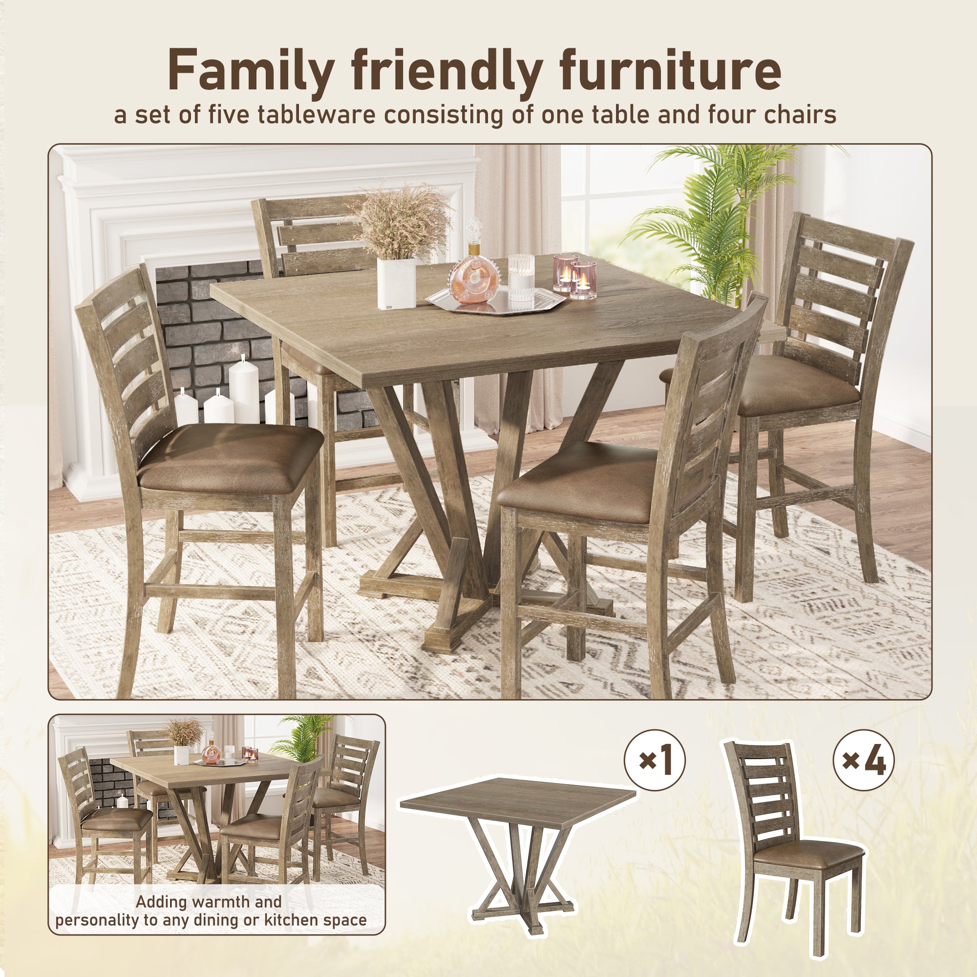 HAOYYE Set of 2 Dining Counter Height Chairs Modern Farmhouse Rustic Look Distressed Design Ladderback Solid Wood Sturdy Space-Saving Heavy Duty Modern Design Adults Dorm Room Easy Assembly