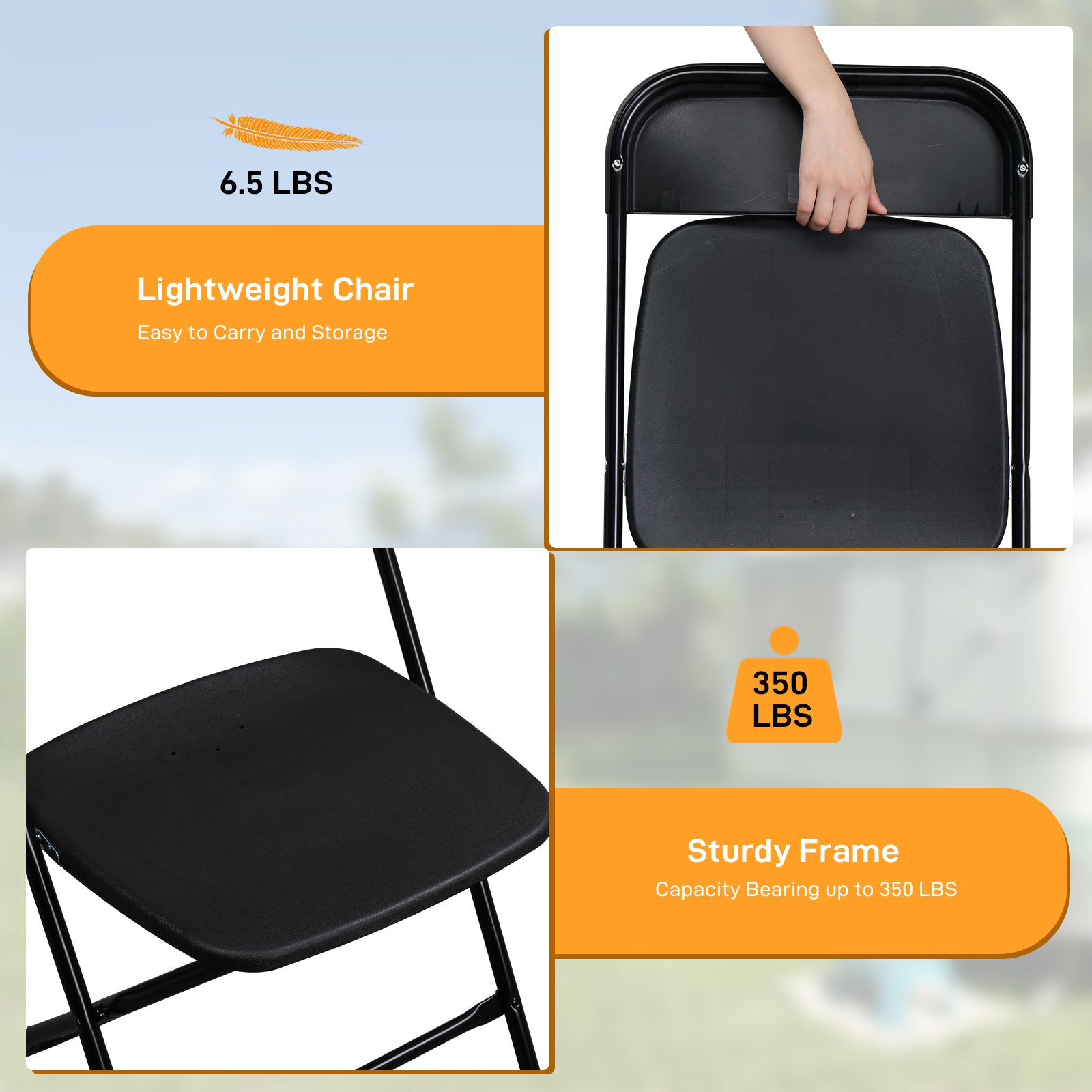 HAOYYE 10pcs Plastic Folding Chairs Black – Heavy Duty Durable Garden Chairs with Metal Frame, Portable and Lightweight for Indoor Outdoor Events, Parties, Office, Church, Picnic Seating