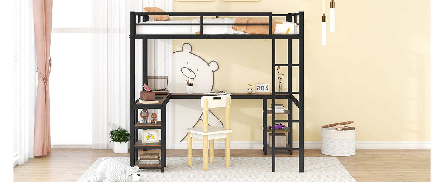 HAOYYE Full Metal Loft Bed with Desk and Shelves, Loft Bed with Ladder and Guardrails, Loft Bed Frame for Bedroom, Black with Vintage wood-colored desk Sturdy Space-Saving Heavy Duty