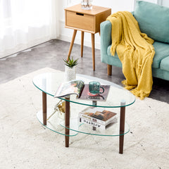 HAOYYE Transparent Oval glass coffee table, modern table in living room Oak wood leg tea table 3-layer glass table Sturdy Space-Saving Heavy Duty Modern Design Adults Dorm Room Easy Assembly