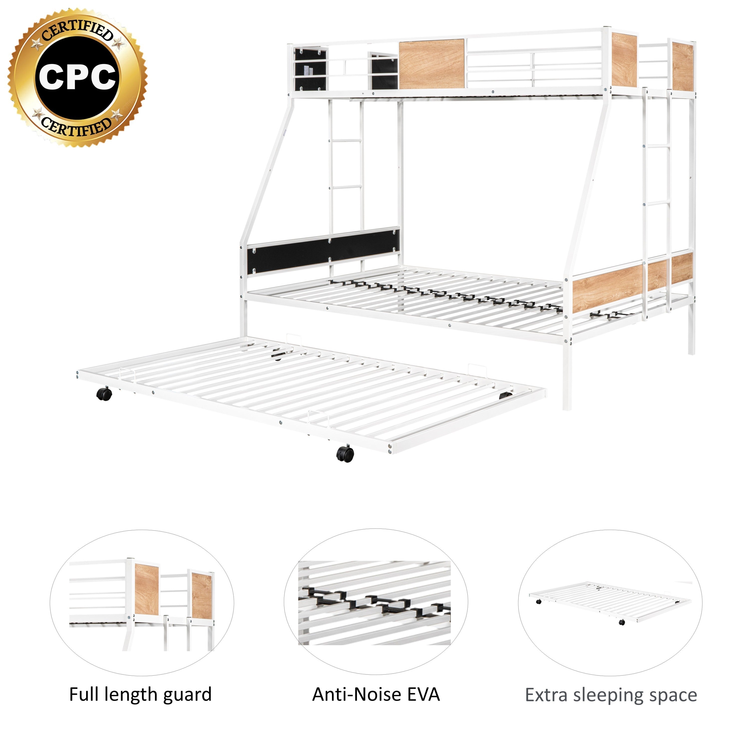 HAOYYE Metal Twin over Full Bunk Bed with Trundle/ Heavy-duty Sturdy Metal/ Noise Reduced/ Safety Guardrail/ Wooden Decoration/ Convenient Trundle / Bunk Bed for Three/ CPC Certified/ No Box Spring Needed