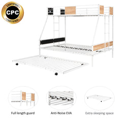 HAOYYE Metal Twin over Full Bunk Bed with Trundle/ Heavy-duty Sturdy Metal/ Noise Reduced/ Safety Guardrail/ Wooden Decoration/ Convenient Trundle / Bunk Bed for Three/ CPC Certified/ No Box Spring Needed