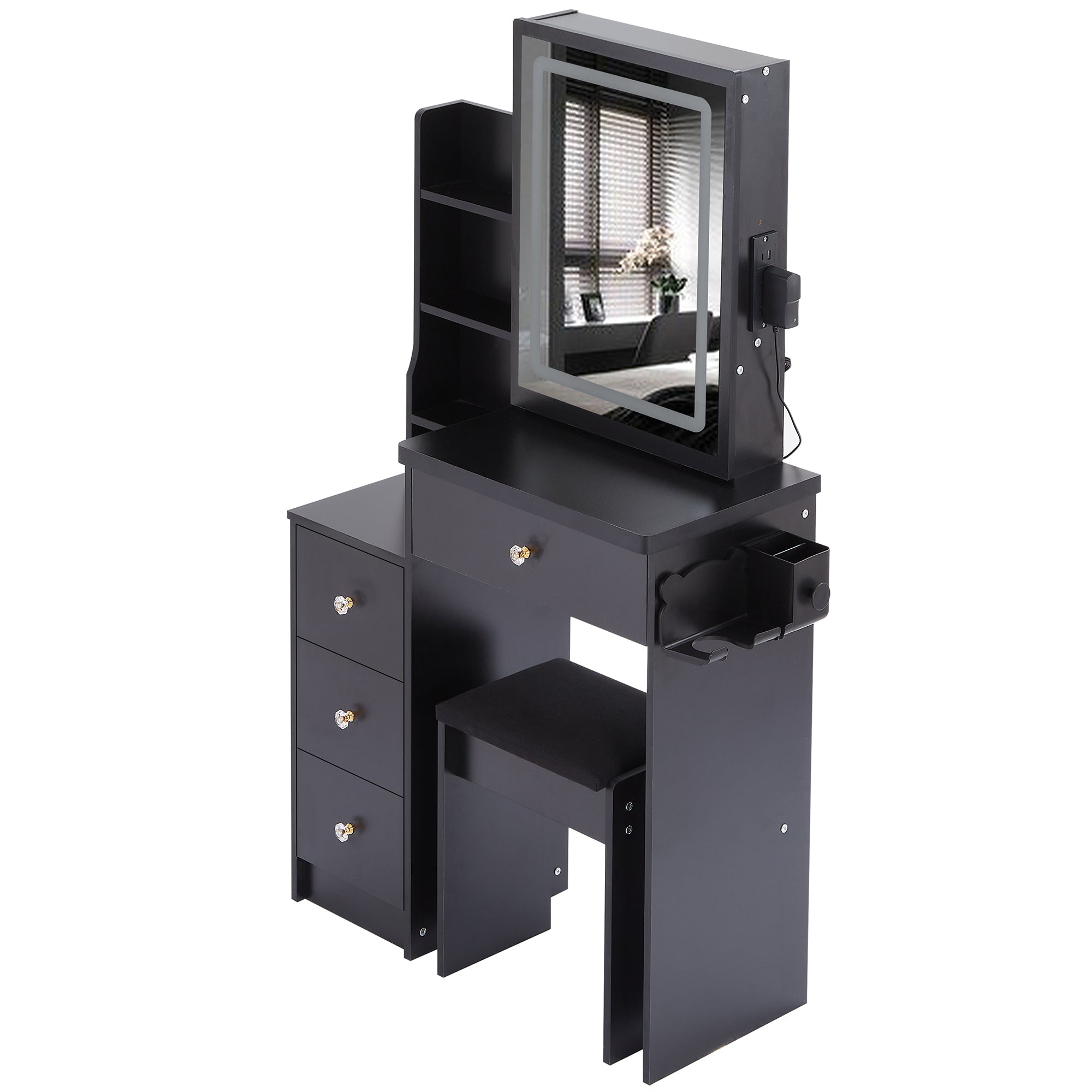 HAOYYE Small Size Left Bedside Cabinet Vanity Table + Cushioned Stool, 2 AC+2 USB Power Station, Hair dryer bracket, Extra Large Touch Control Sliding LED Mirror, Tri-color Switching, EPA,GCC,UL Certificate