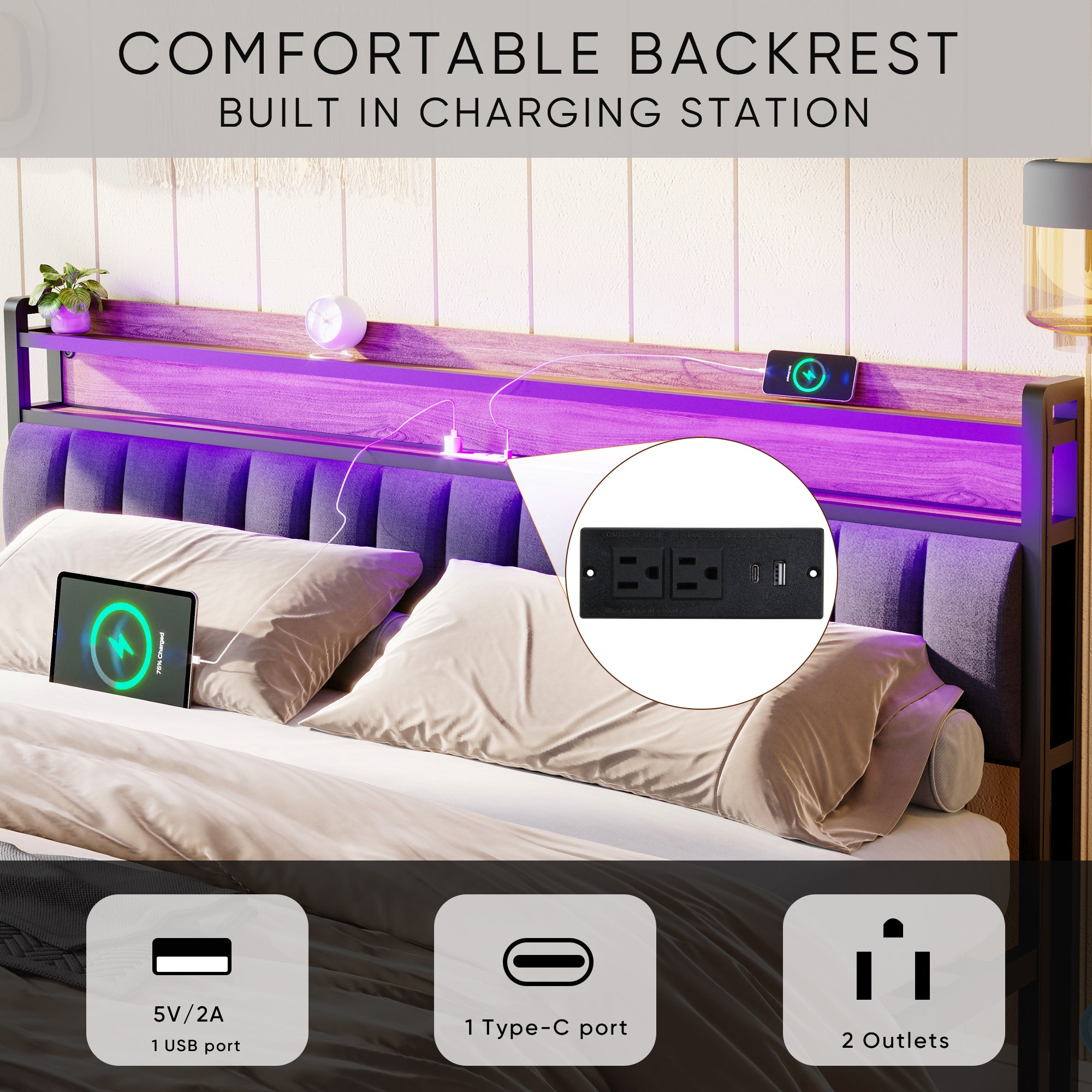 HAOYYE King Bed Frame with Storage Headboard, Drawers, LED Lighting, and Built-in Charging Station, Modern Upholstered Platform Design, Sturdy Space-Saving Grey Construction, No Box Spring Needed, Easy Assembly