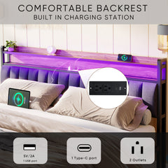 HAOYYE King Bed Frame with Storage Headboard, Drawers, LED Lighting, and Built-in Charging Station, Modern Upholstered Platform Design, Sturdy Space-Saving Grey Construction, No Box Spring Needed, Easy Assembly