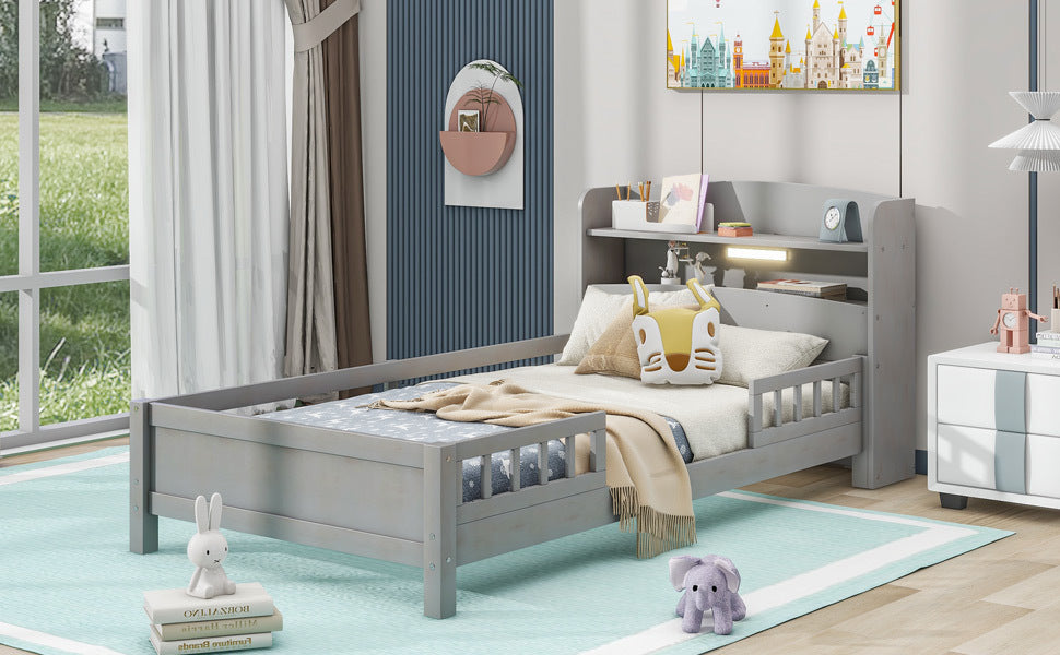 HAOYYE Wood Twin Size Platform Bed with Built-in LED Light, Storage Headboard and Guardrail, Antique Grey Sturdy Space-Saving Heavy Duty Modern Design Adults Dorm Room Easy Assembly Bedroom Furniture