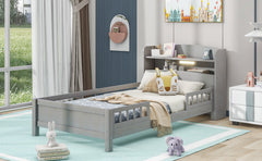 HAOYYE Wood Twin Size Platform Bed with Built-in LED Light, Storage Headboard and Guardrail, Antique Grey Sturdy Space-Saving Heavy Duty Modern Design Adults Dorm Room Easy Assembly Bedroom Furniture