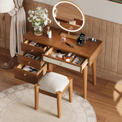HAOYYE 39" Retro Bohemian Style Wooden Makeup Vanity Set with Charging Plug&USB Port and Stool, Dressing Table with 3 Storage Drawers and 1 Rectangular Rattan Drawer, Walnut