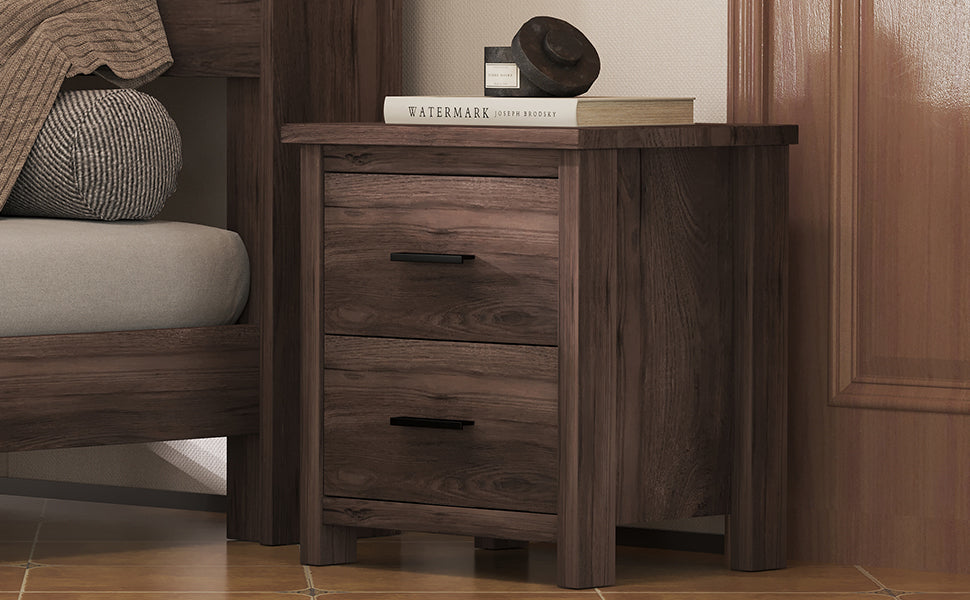 HAOYYE Vintage Nightstand with Two Drawers, Dark Walnut Sturdy Space-Saving Design, Heavy Duty Modern Bedroom Furniture for Adults, Easy Assembly