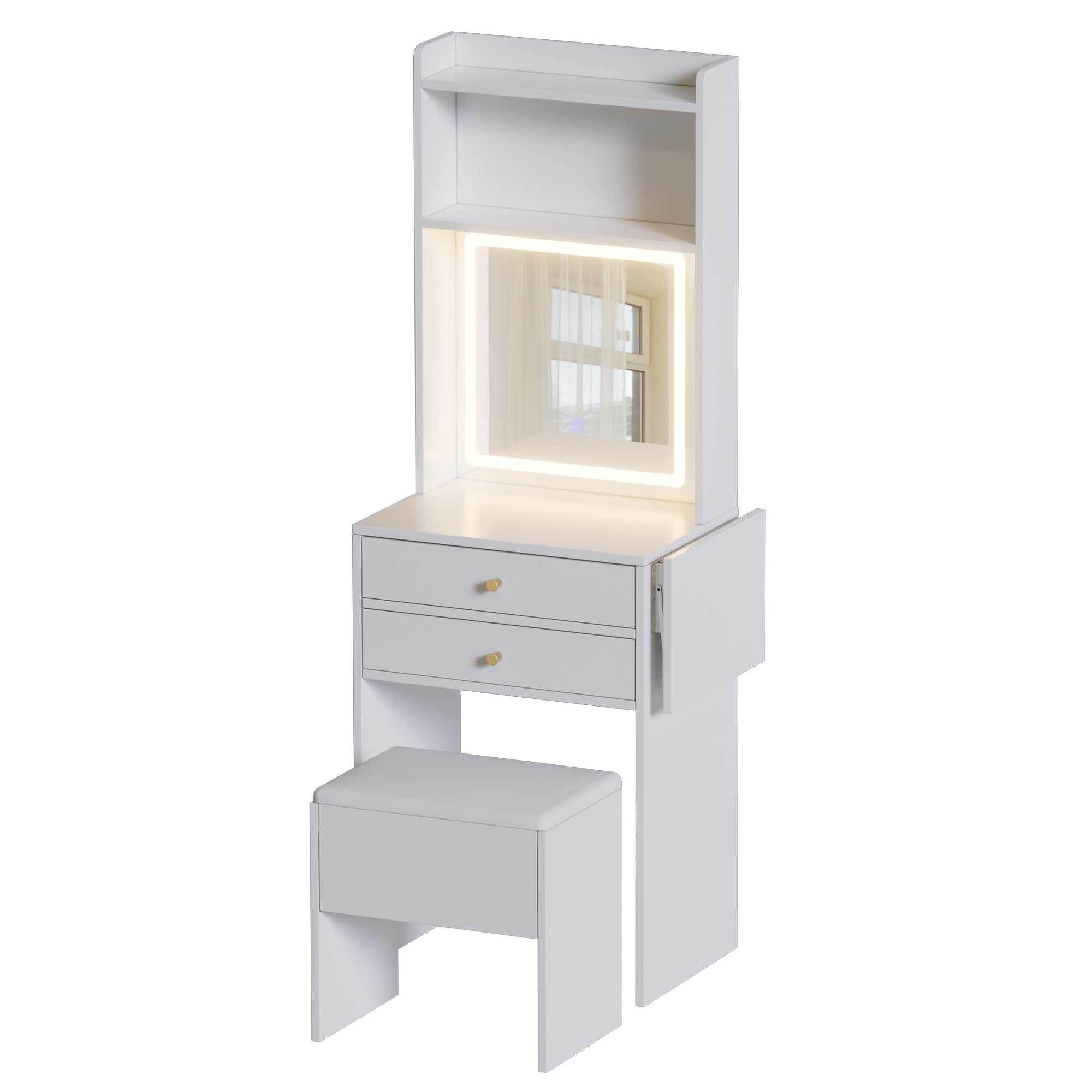 HAOYYE Small Space Vanity Table Set with 3 Adjustable Lighted Mirror and Storage Chair, Makeup Vanity Table for Small Space, White Dressing Table with Fold-up Panel for Bedroom