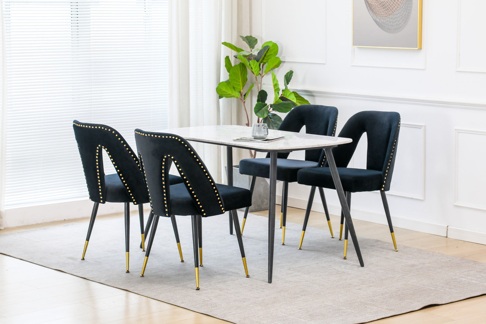 Haoyye Akoya Collection Velvet Upholstered Dining Chairs with Nailhead Trim, Set of 2 Modern Black Chairs with Gold Tipped Black Metal Legs, Stylish and Durable Accent Seating for Dining Room, Sturdy Contemporary Space-Saving Design