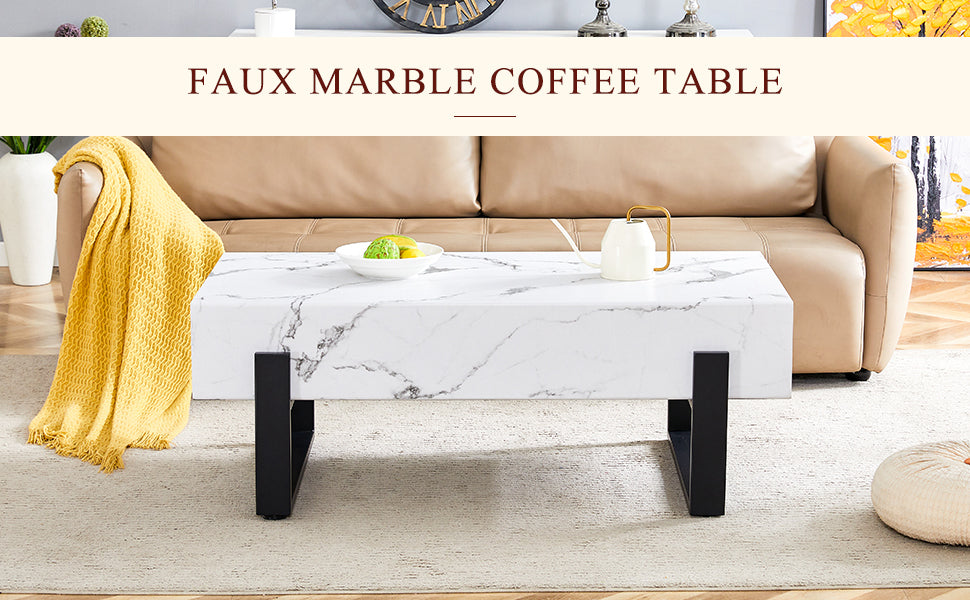 HAOYYE Black And White Minimalist MDF Coffee Table With Marble Pattern Sticker And Black Metal Leg Spray Coating, Modern And Simple Design For Living Room, Bedroom And Office, Sturdy Space-Saving Heavy Duty Furniture For Contemporary Home Decor