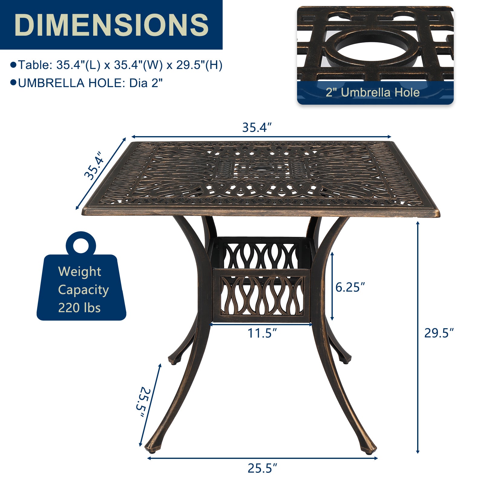 HAOYYE Cast Aluminum Patio Table Bronze Outdoor Square Bistro Table Weather Resistant Courtyard Garden Table with Vintage Style Design for Balcony Backyard Deck Porch
