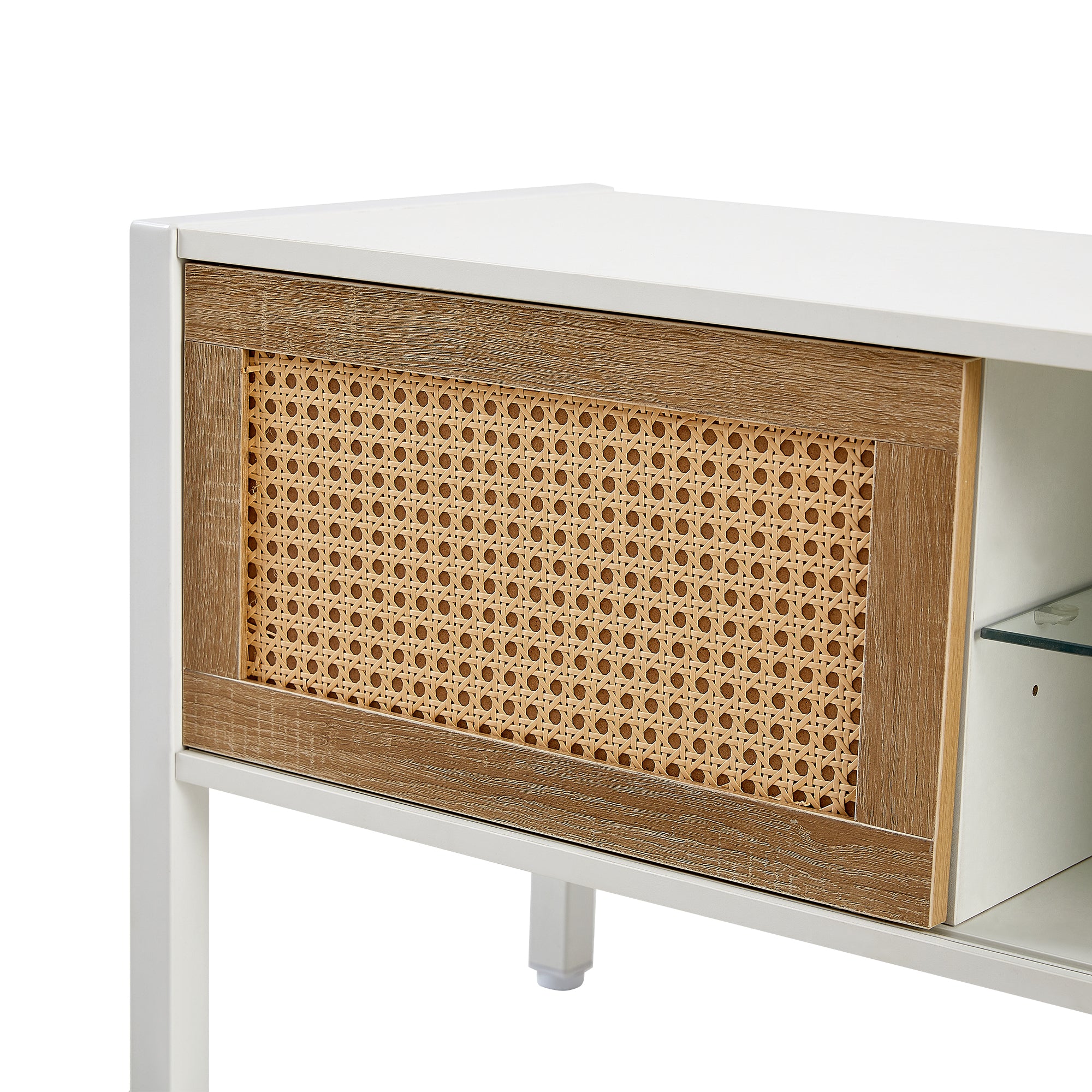 HAOYYE Rattan TV Cabinet with Adjustable Shelf and Variable Color Light Strip, Double Sliding Doors for Storage, Metal Legs, Durable and Space-Saving, Modern TV Console for Living Room, White