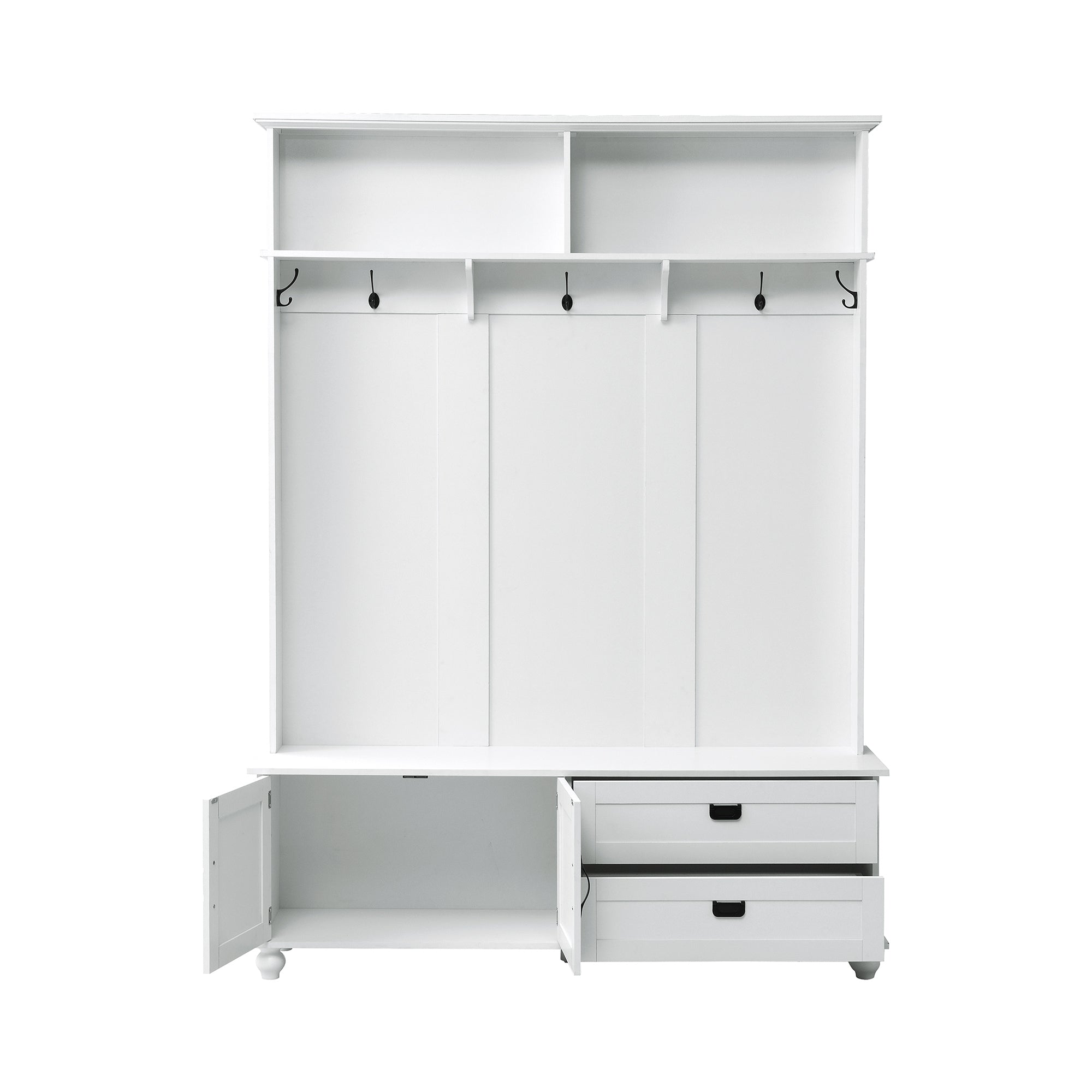 HAOYYE Modern White Hall Tree with Storage Cabinet, 2 Large Drawers, and 5 Coat Hooks, Sturdy Space-Saving Mudroom Bench, Heavy Duty Design for Adults