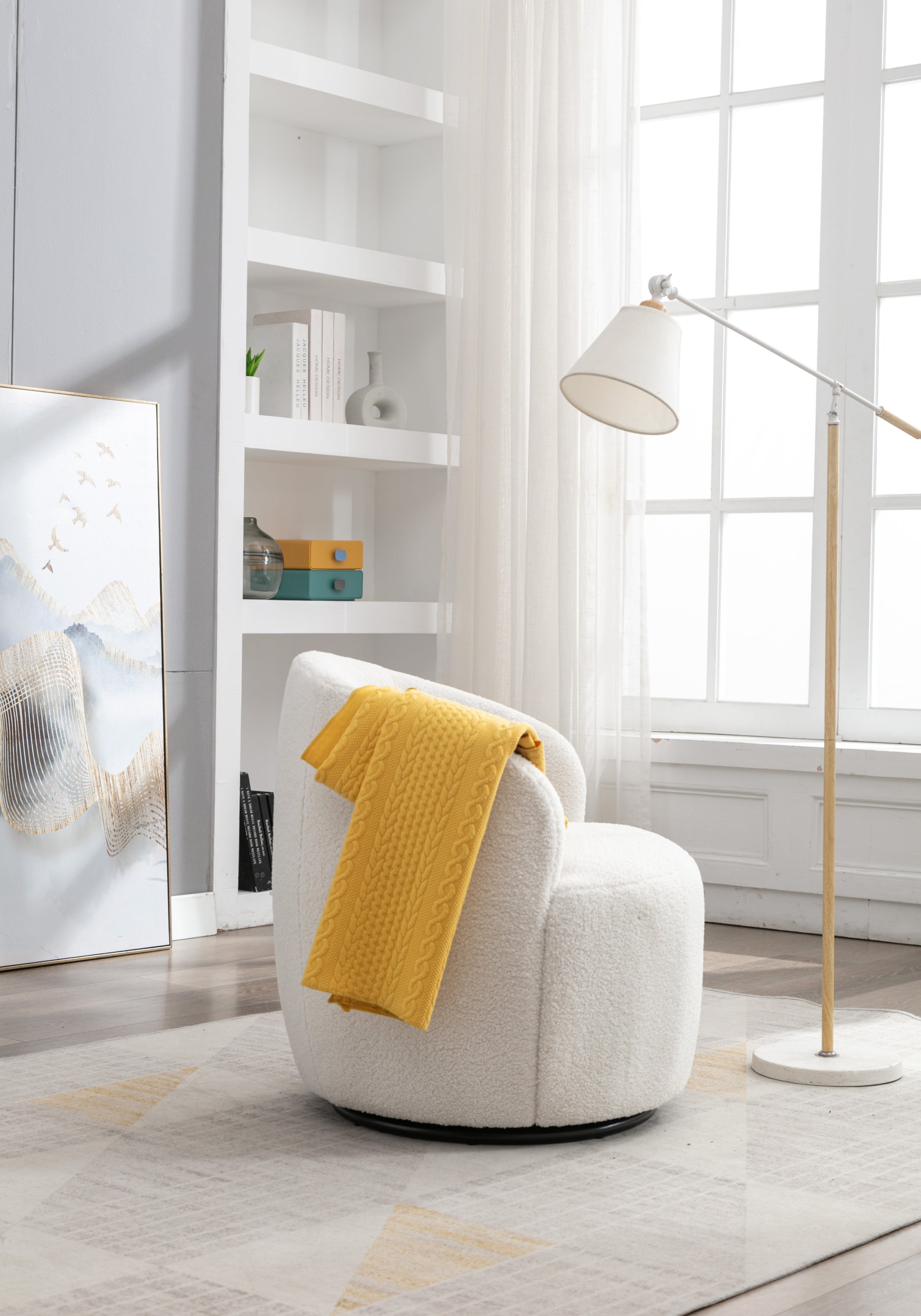 HAOYYE Teddy Fabric Swivel Accent Armchair Barrel Chair With Black Powder Coating Metal Ring,Ivory White Sturdy Space-Saving Heavy Duty Modern Design Easy Assembly Durable Stylish Home Furniture Versatile