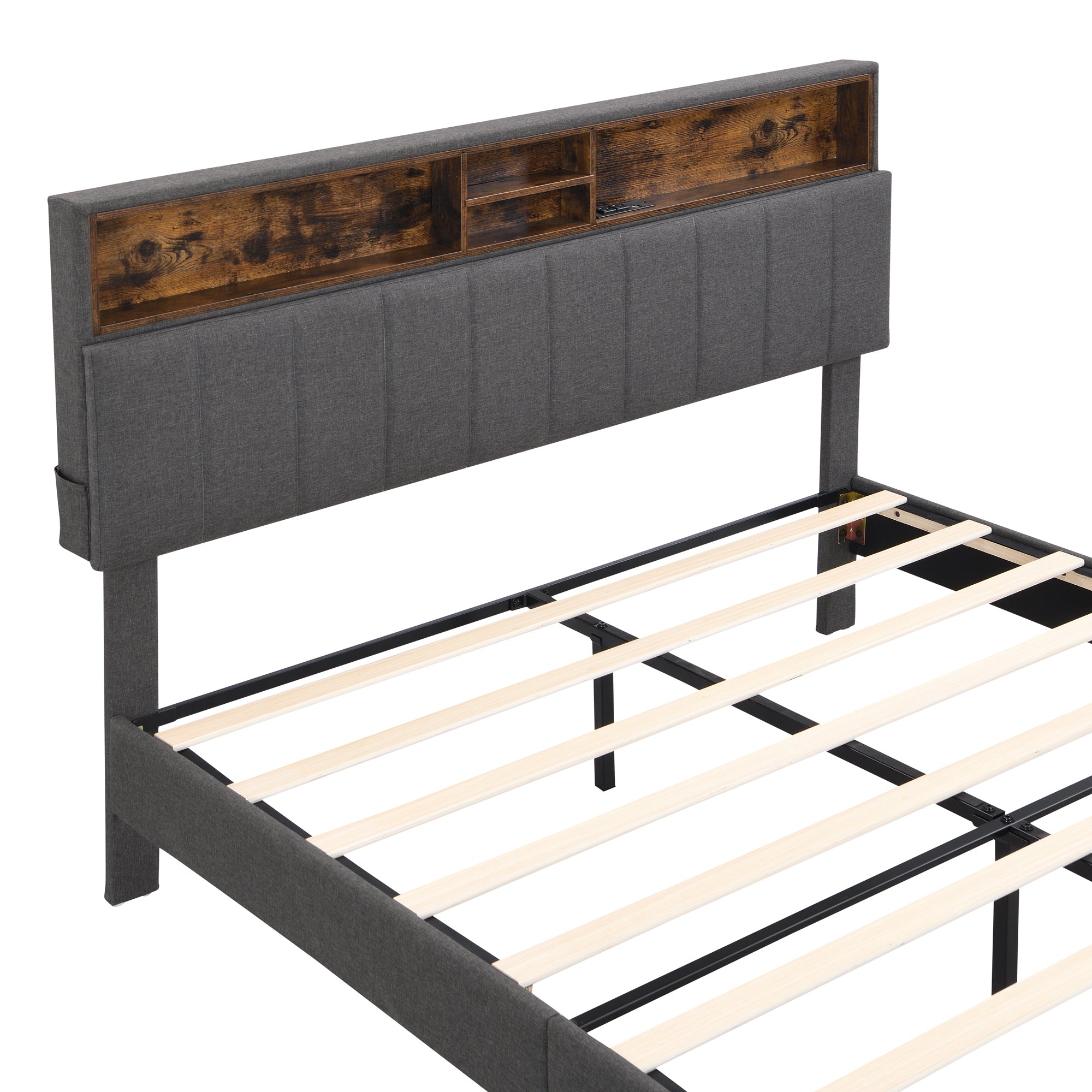 HAOYYE Queen Size Upholstered Platform Bed with Storage Headboard and USB Port, Linen Fabric Upholstered Bed (Gray) Sturdy Space-Saving Heavy Duty Modern Design Adults Dorm Room Easy Assembly