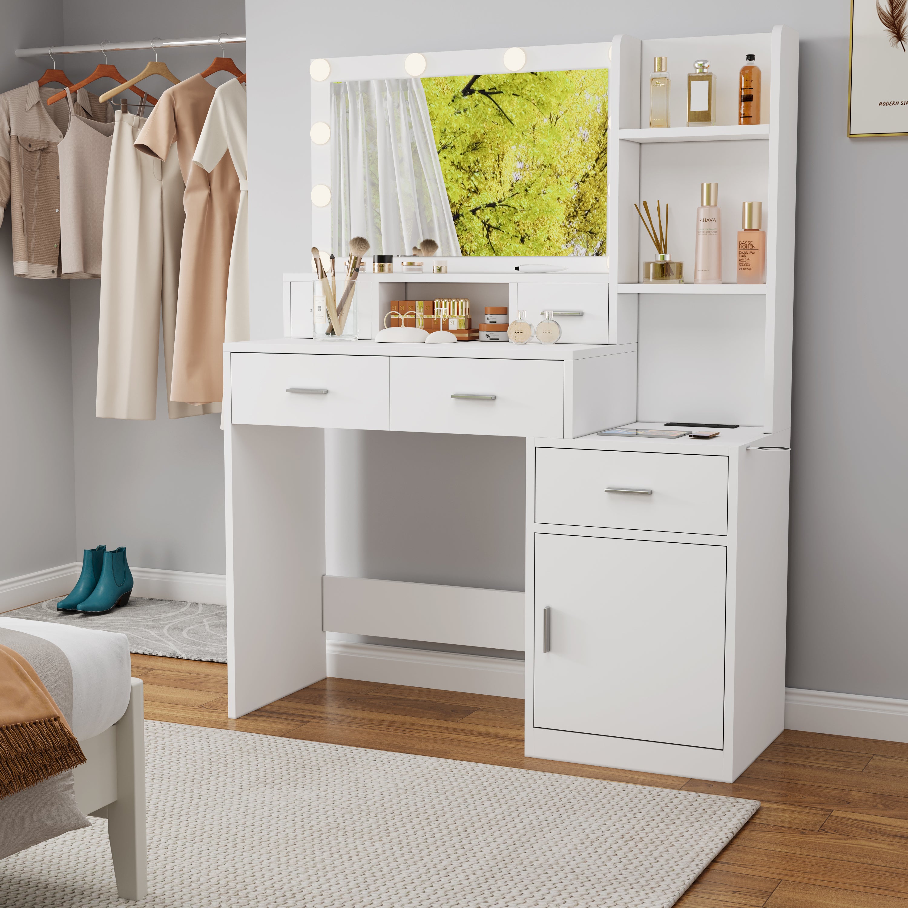 HAOYYE Smart Mirror Dressing Table with Drawers and Storage Cabinet, Modern Design with Soft Dressing Pad, Sturdy Space-Saving Heavy Duty Construction, Ideal for Bedroom and Dressing Room, Perfect for Adults
