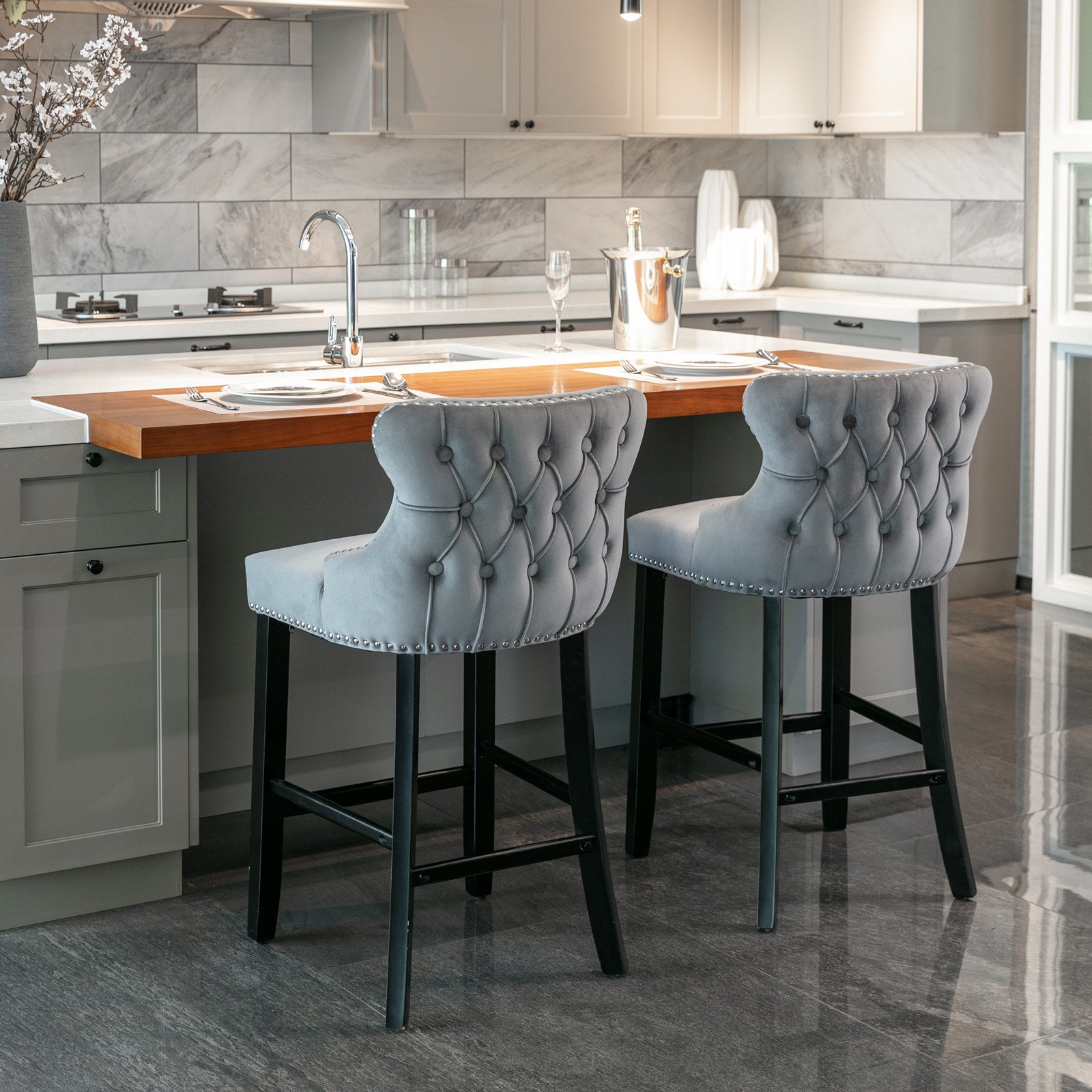 HAOYYE Contemporary Velvet Upholstered Wing-Back Barstools with Button Tufted Decoration and Wooden Legs, and Chrome Nailhead Trim, Leisure Style Bar Chairs,Bar stools, Set of 2 (Gray),SW1824GY