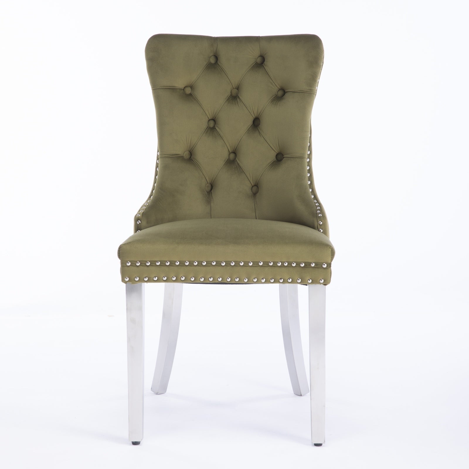 HAOYYE High-end Tufted Solid Wood Contemporary Velvet Upholstered Dining Chair with Chrome Stainless Steel Plating Legs,Nailhead Trim,Set of 2,Olive-Green and Chrome, SW1701OL Sturdy
