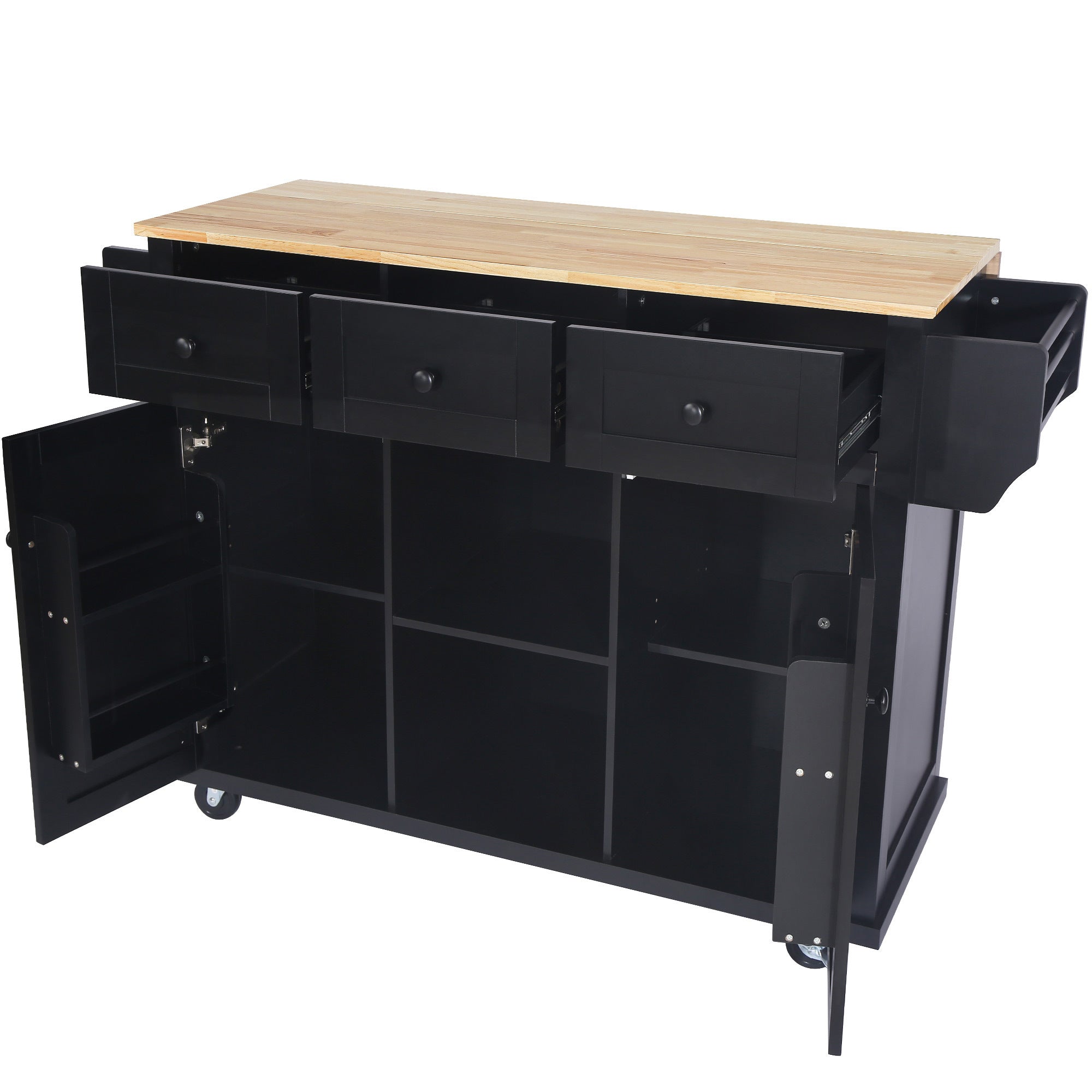 HAOYYE Kitchen Cart with Rubberwood Drop-Leaf Countertop, Internal Storage Racks, 5-Wheel Kitchen Island with Storage Cabinet and 3 Drawers, Black, Sturdy Space-Saving Design, Durable and Stylish Home Furniture