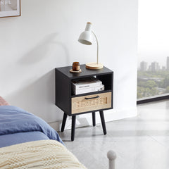 HAOYYE Rattan End Table with Drawer and Solid Wood Legs, Modern Nightstand, Side Table for Living Room, Bedroom, Black, Sturdy and Space-Saving Design, Heavy Duty Construction, Easy Assembly for Adults and Dorm Rooms