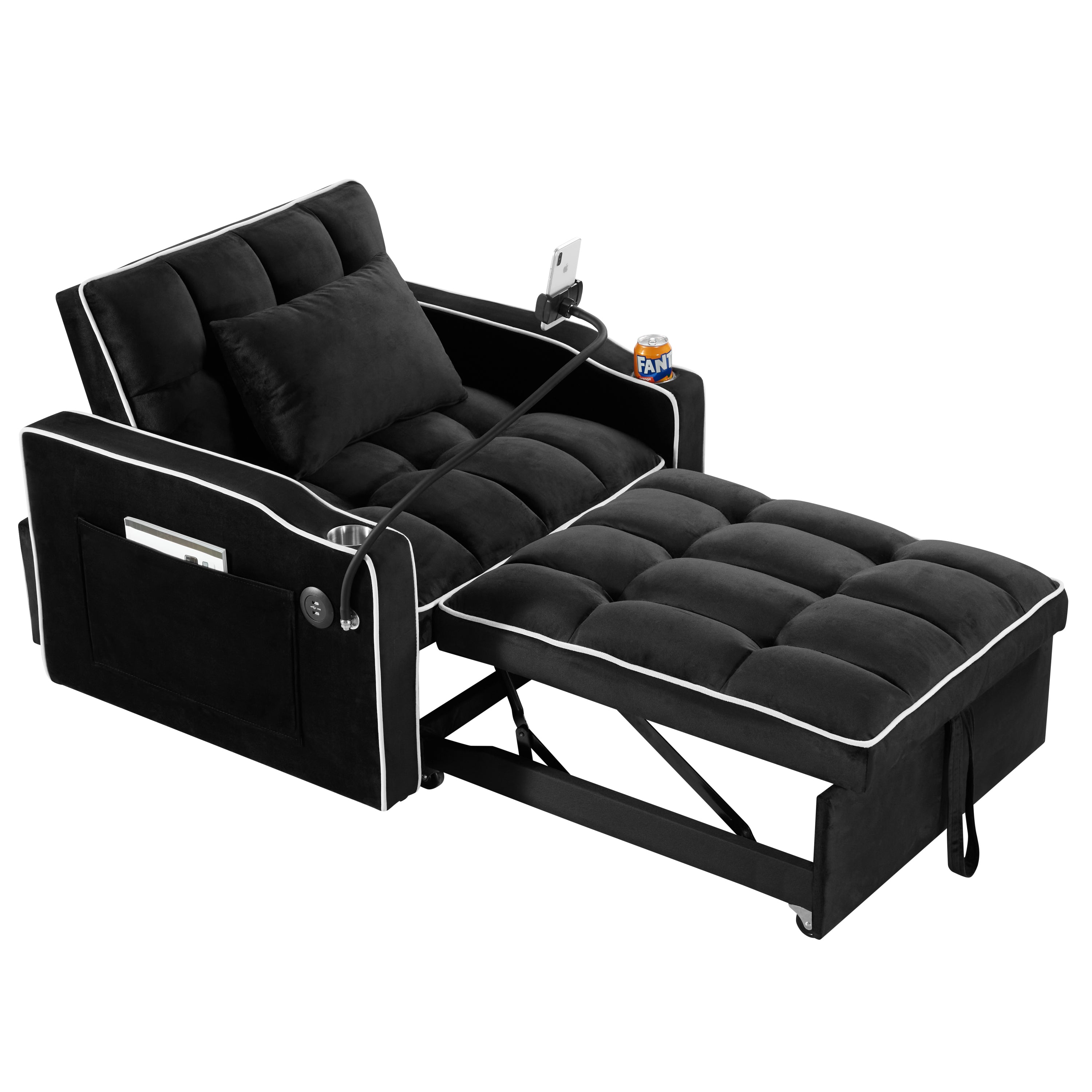 HAOYYE Convertible 3-in-1 Sleeper Chair Sofa Bed Adjustable Pull-Out Sleeper Chair Bed Folding Sofa Bed with Multiple Pockets for Living Room Bedroom Small Space, Black Sturdy Space-Saving Heavy Duty Modern Design
