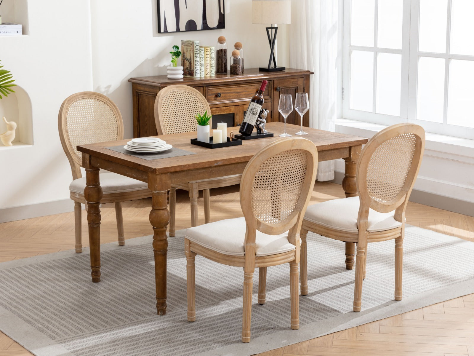 HAOYYE French Style Solid Wood Frame Antique Painting Linen Fabric Rattan Back Dining Chair,Set of 2,Cream,Beige Sturdy Space-Saving Heavy Duty Modern Design Adults Dorm Room Easy Assembly
