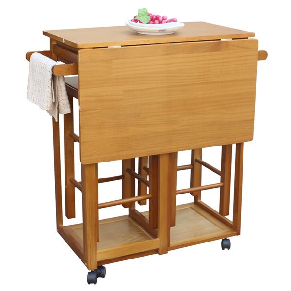 HAOYYE Square Solid Wood Folding Dining Cart with 2 Free Stools, Expandable Drop Leaf Tabletop, 2 Storage Drawers, Rolling Kitchen Island with Push Handle, Space-Saving Mobile Dining Solution for Home
