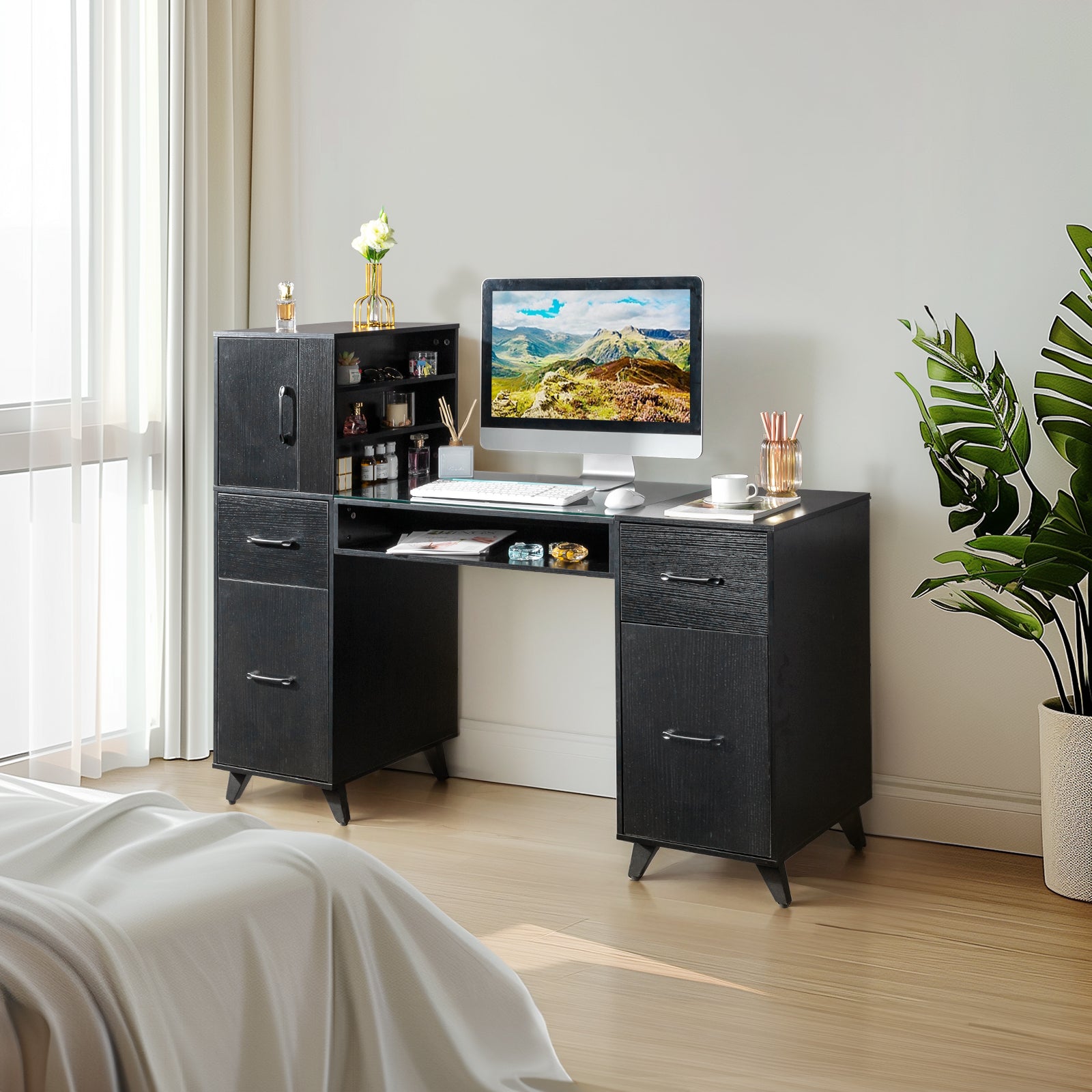 HAOYYE Black Nail Table with Tempered Glass Top and Relief Particle Board Finish, Three Doors and Two Drawers, Fanless Design for Salon Manicure Station or Home Beauty Workspace
