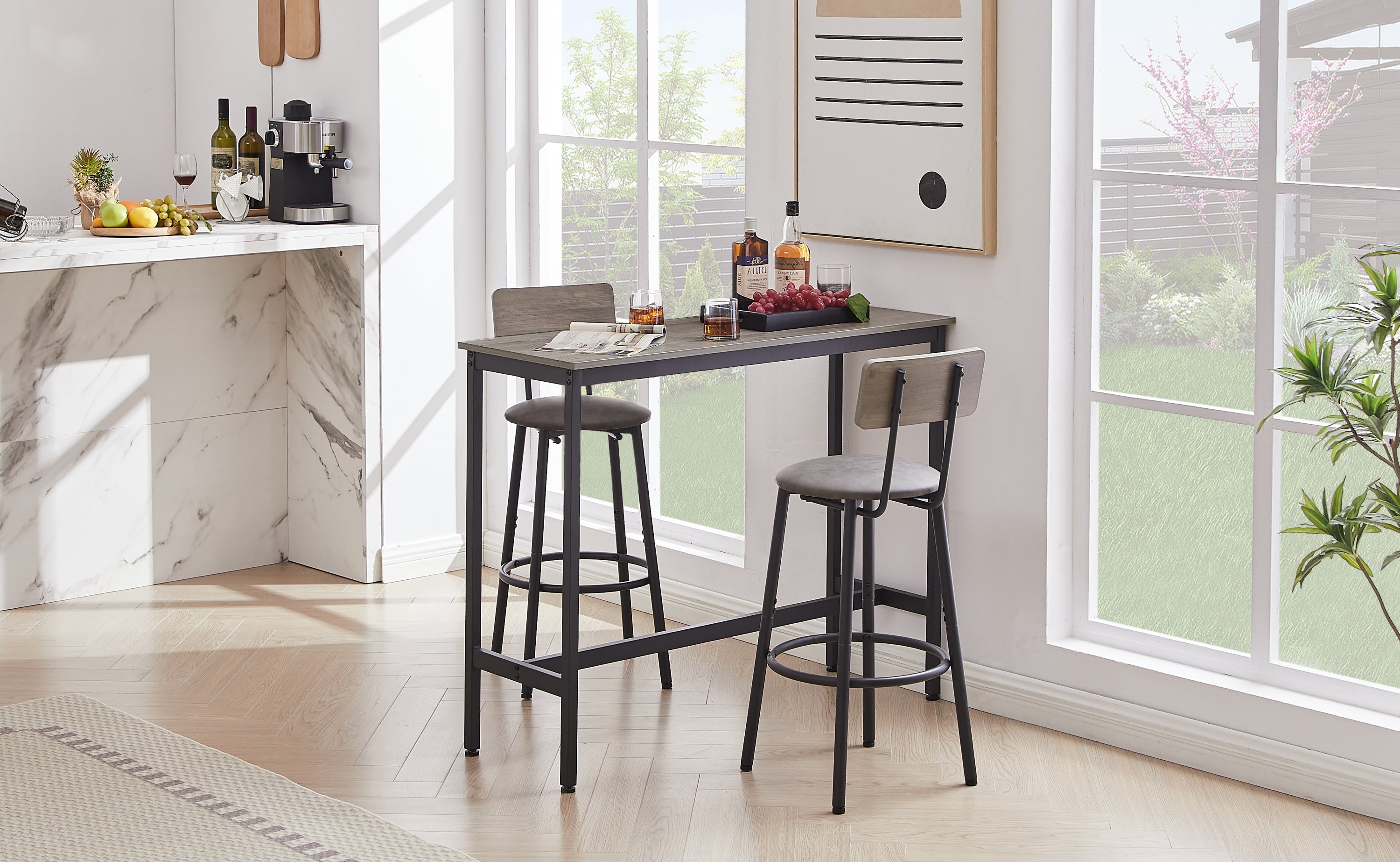 HAOYYE Bar Table Set with 2 Bar Stools, PU Soft Seat with Backrest, Modern Design, Sturdy Space-Saving Furniture for Kitchen, Dining Room, Office, Dorm Room, Easy Assembly, Gray Color