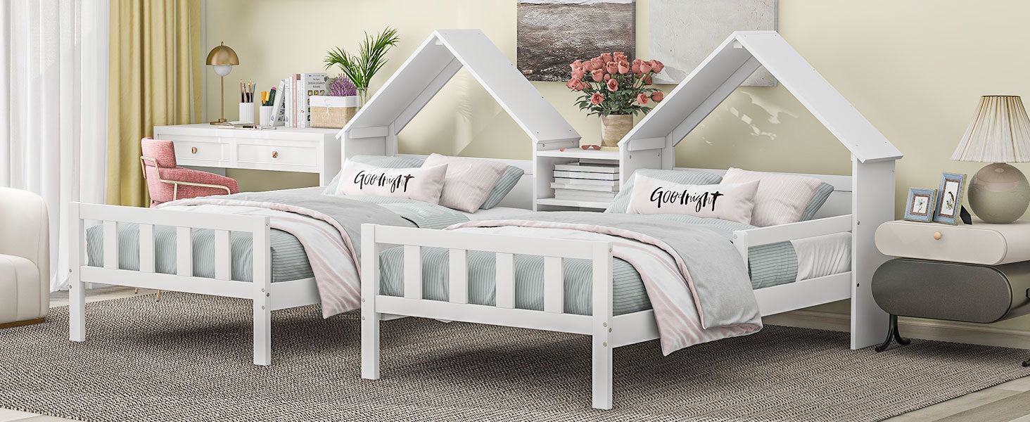 HAOYYE Double Twin Size Platform Bed with House-shaped Headboard and a Built-in Nightstand, White Sturdy Space-Saving Heavy Duty Modern Design Adults Dorm Room Easy Assembly Bedroom Furniture