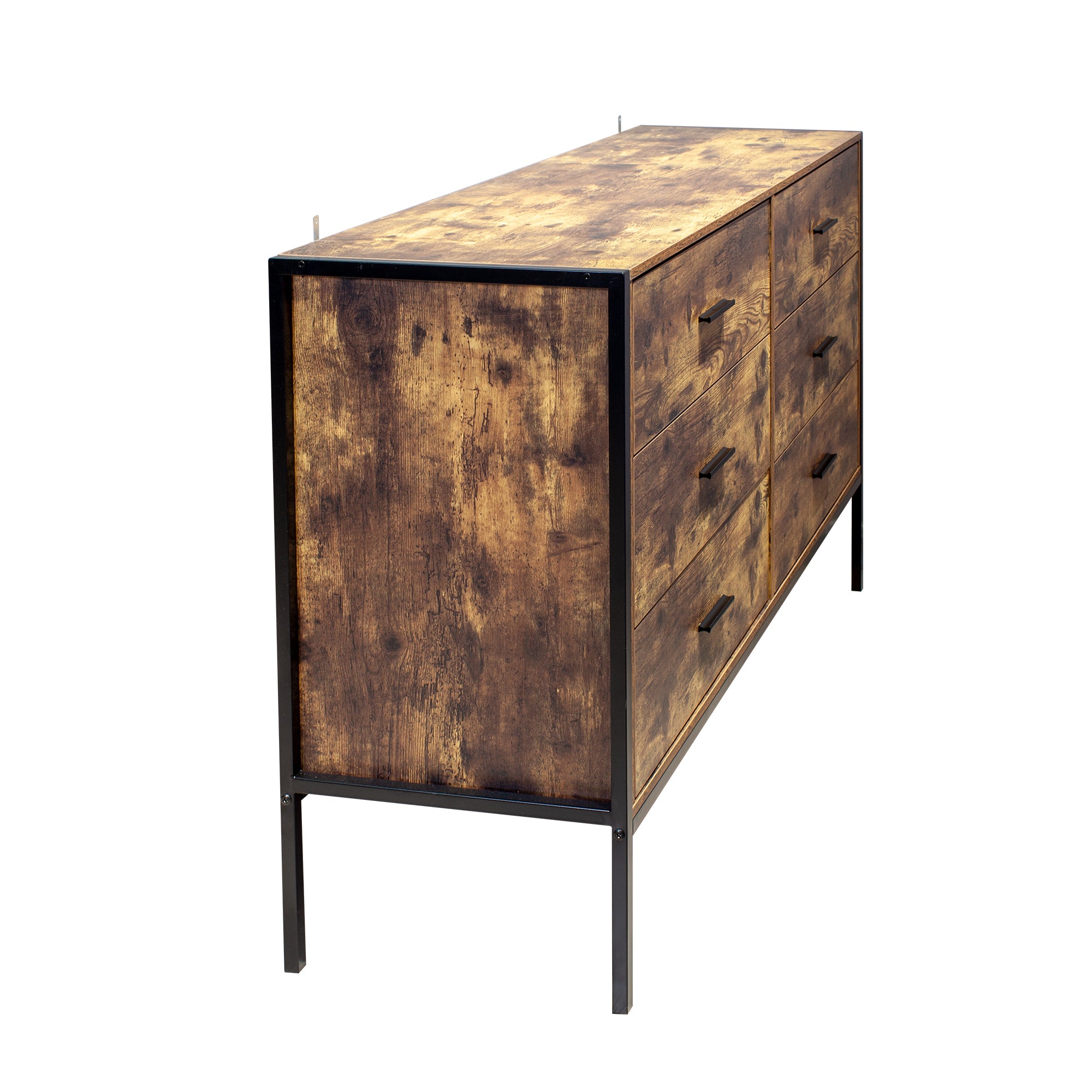 HAOYYE Industrial Style 6-Drawer Double Dresser, Rustic Brown Wooden Storage Organizer With Sturdy Steel Frame, Space-Saving Storage Cabinet For Bedroom And Living Room