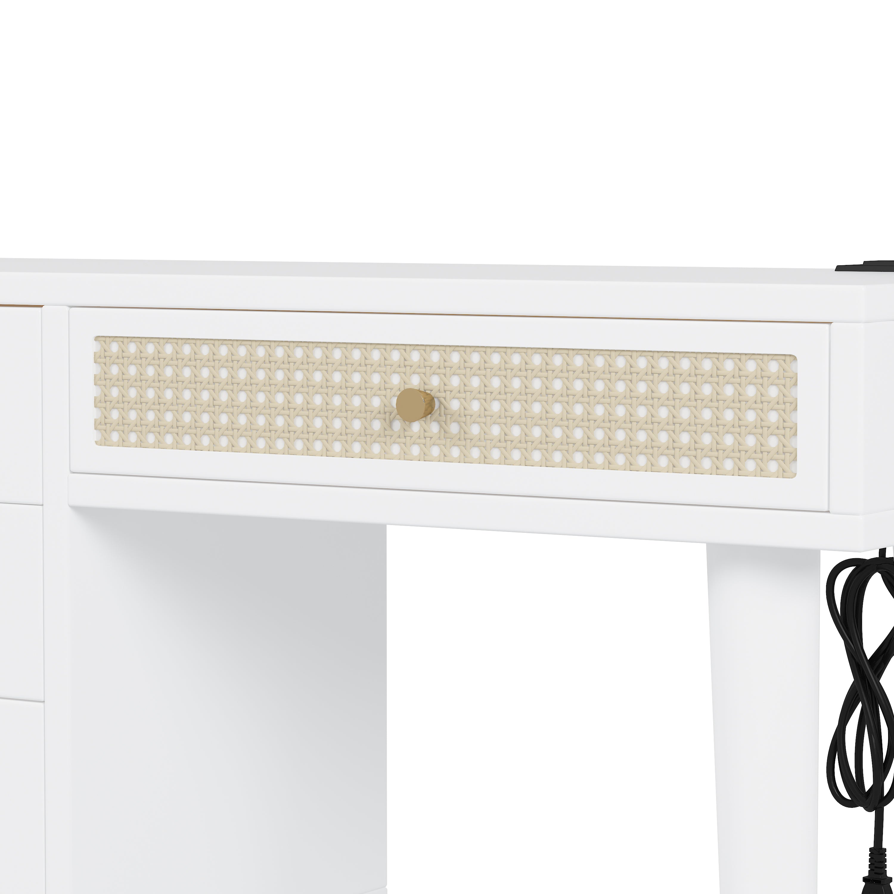 HAOYYE 39" Retro Bohemian Style Wooden Makeup Vanity Set with Charging Plug&USB Port and Stool, Dressing Table with 3 Storage Drawers and 1 Rectangular Rattan Drawer, White