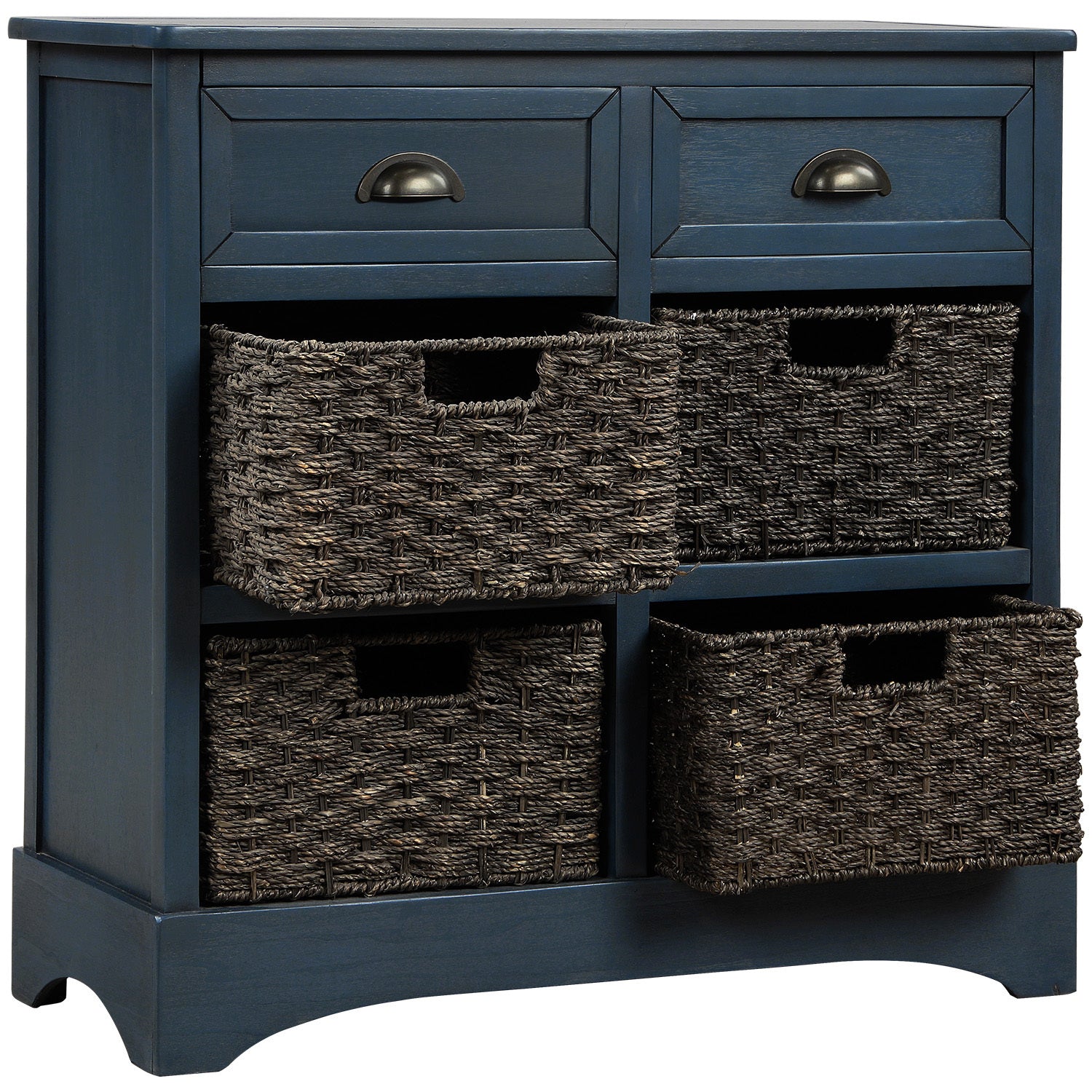 HAOYYE Rustic Storage Cabinet with Two Drawers and Four Classic Rattan Baskets for Dining Room, Entryway, or Living Room, Antique Navy, Sturdy Space-Saving Design, Heavy Duty Construction, Easy Assembly, Durable and Stylish Home Furniture