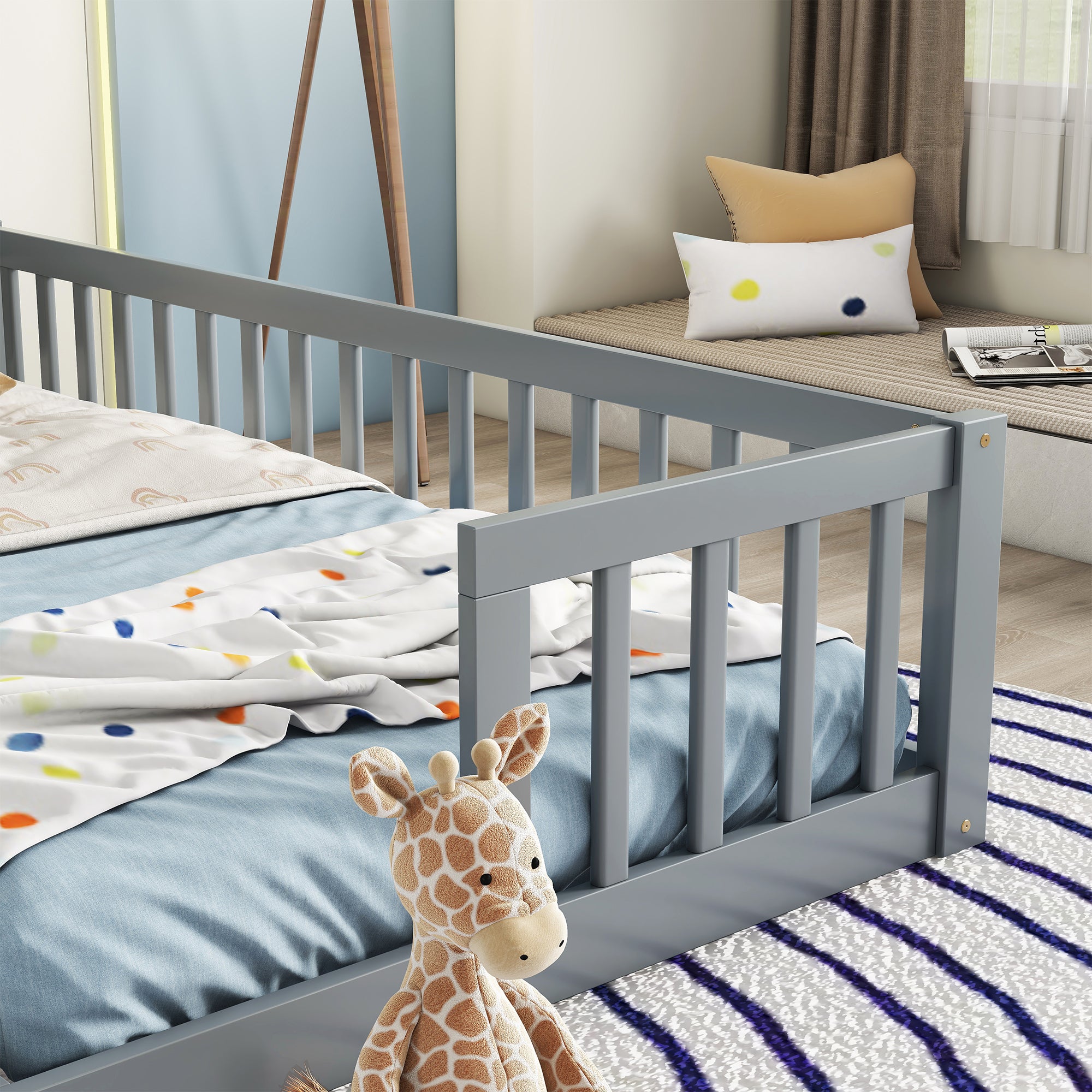 HAOYYE Double Twin Floor Bed with Fence, Guardrails, without door, Grey Sturdy Space-Saving Heavy Duty Modern Design Easy Assembly Durable Stylish Home Furniture Versatile