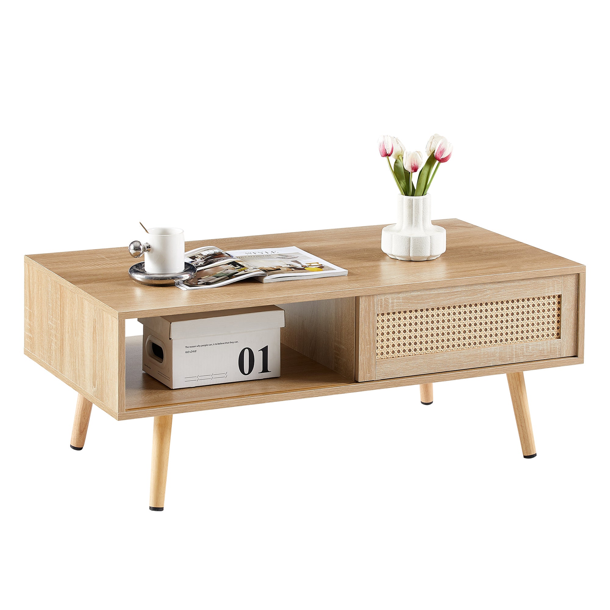 HAOYYE 41.34" Rattan Coffee table, sliding door for storage, solid wood legs, Modern table for living room , natural Sturdy Space-Saving Heavy Duty Modern Design Easy Assembly Durable Stylish Home Furniture