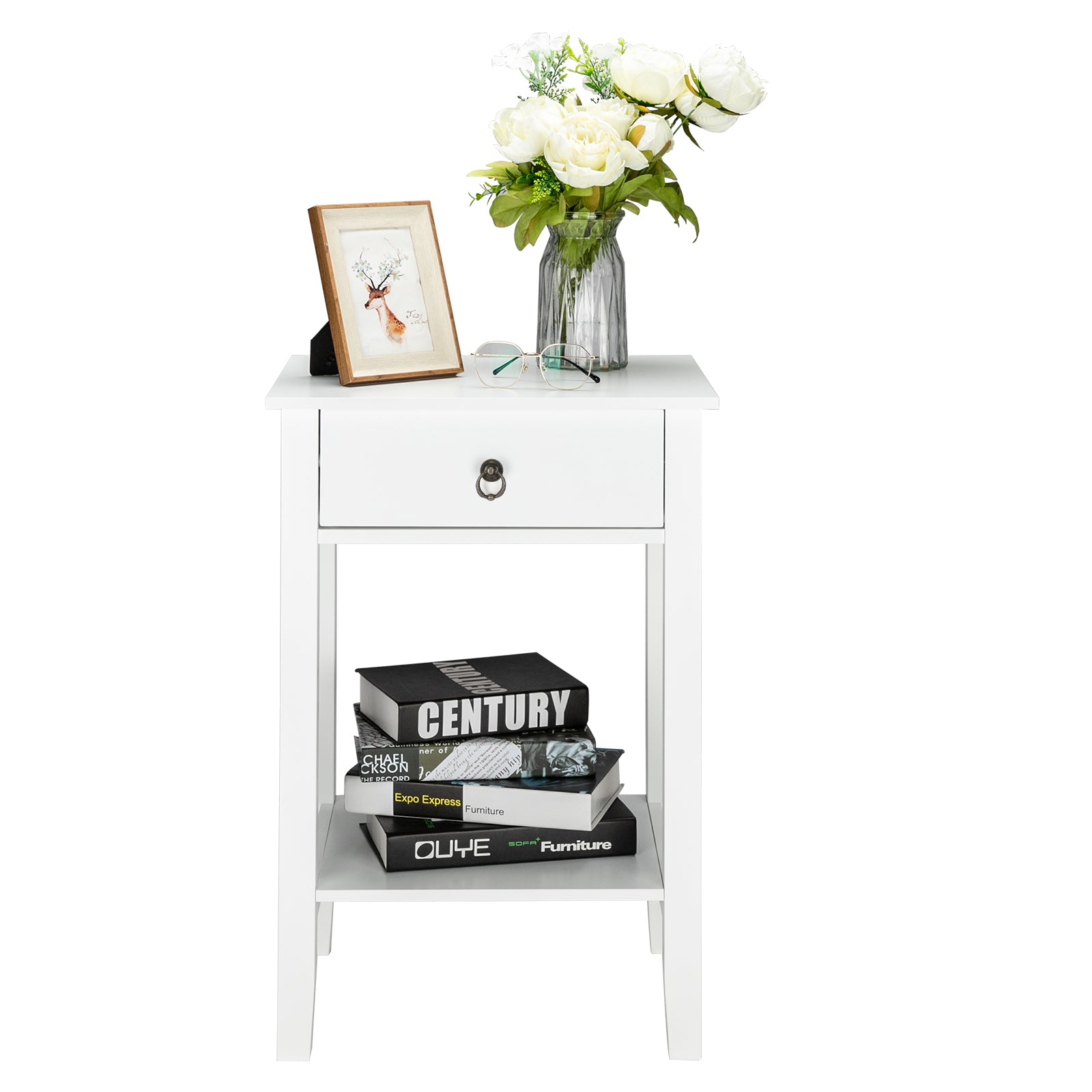 HAOYYE White Two-Layer Bedside Cabinet With Drawer, Sturdy And Durable Design, Modern Coffee Table, Multifunctional Home Organizer, Space-Saving Storage Solution, Stylish Practical Nightstand For Bedroom, Living Room, Or Office Use