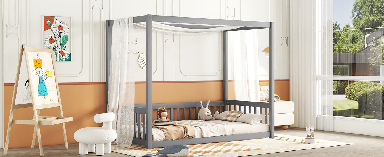 HAOYYE Twin Size Canopy Frame Floor Bed with Fence, Guardrails,Grey Sturdy Space-Saving Heavy Duty Modern Design Adults Dorm Room Easy Assembly Bedroom Furniture