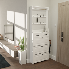 HAOYYE White Shoe Cabinet With 3 Doors 2 Drawers And Hanger, Large Capacity Storage Cabinet For Bedroom, Entryway, Or Dorm Room, Sturdy Modern Design, Space-Saving, Heavy Duty, Easy Assembly