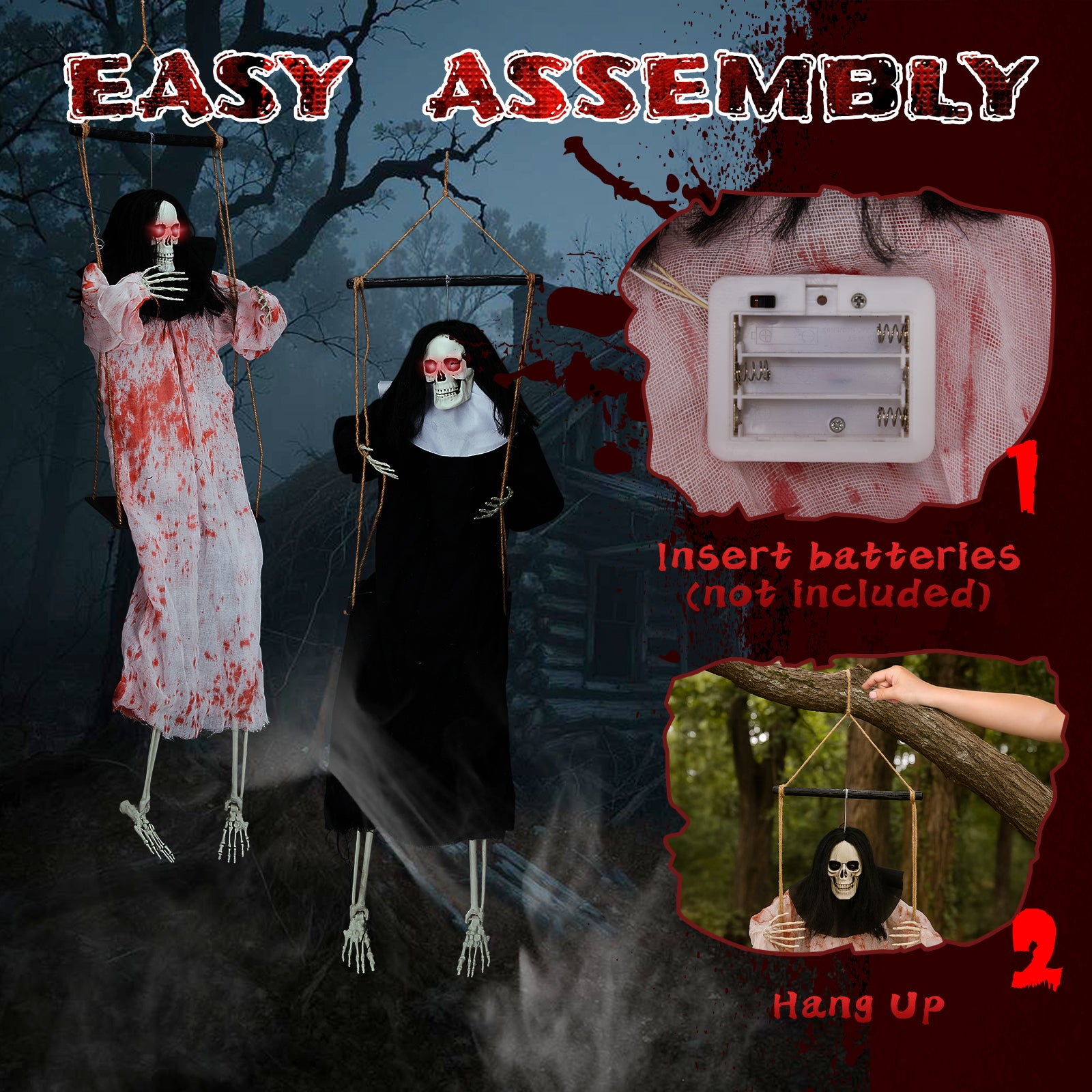 HAOYYE Black Outdoor Halloween Decorations Hanging Ghosts with Light Up Eyes and Screaming Sound, 2 Pack Grim Reaper Halloween Props for Yard Patio Garden Porch, Battery Powered Spooky Halloween Decor