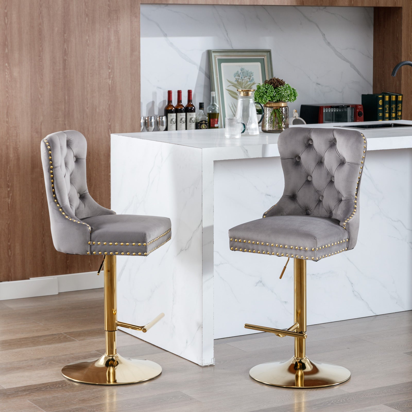 HAOYYE Thick Golden Swivel Velvet Barstools Adjusatble Seat Height from 25-33 Inch, Modern Upholstered Bar Stools with Backs Comfortable Tufted for Home Pub and Kitchen Island (Gray,Set of 2)