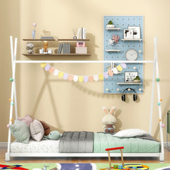 HAOYYE Metal Twin Size House Platform Bed with Triangle Structure, White Sturdy Space-Saving Heavy Duty Modern Design Adults Dorm Room Easy Assembly Bedroom Furniture