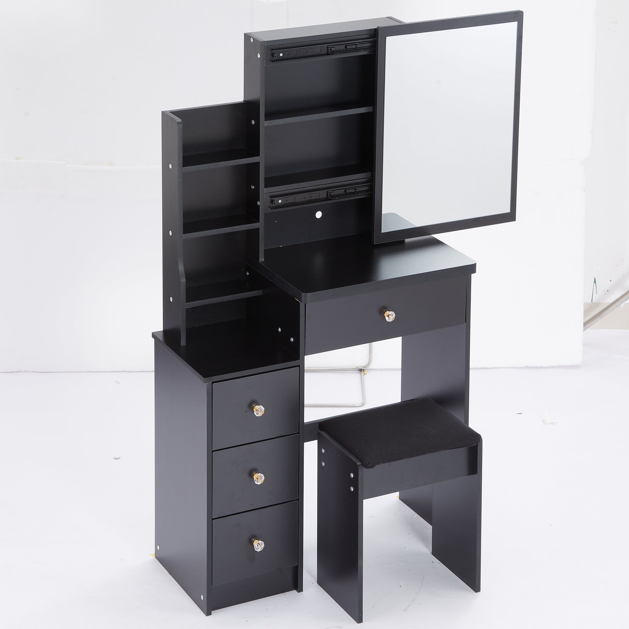 HAOYYE Compact Left-Side Bedside Vanity Table With Cushioned Stool, Sliding Mirror, Multi-Layer High Capacity Storage, Stylish Design, Perfect For Small Spaces, Certified EPA, GCC, UL