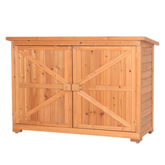 HAOYYE Double Doors Fir Wood Outdoor Storage Cabinet with Lock, Weatherproof Garden Shed Locker for Tools and Patio Supplies, Vertical Organizer Unit with Shelves for Backyard, Porch, or Balcony Use Orange Red