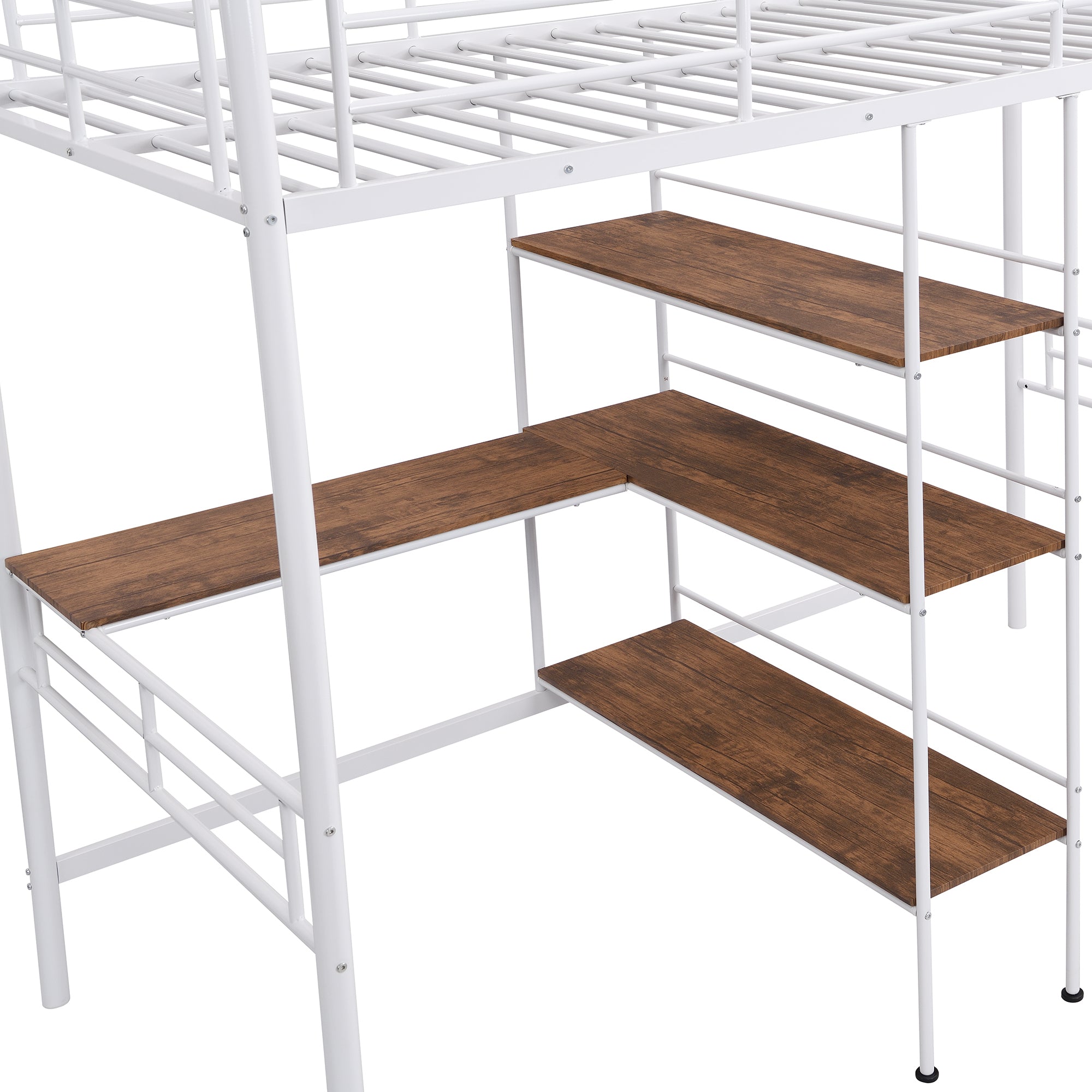 HAOYYE Twin Size Metal Loft Bed and Built-in Desk and Shelves,White Sturdy Space-Saving Heavy Duty Modern Design Adults Dorm Room Easy Assembly Bedroom Furniture