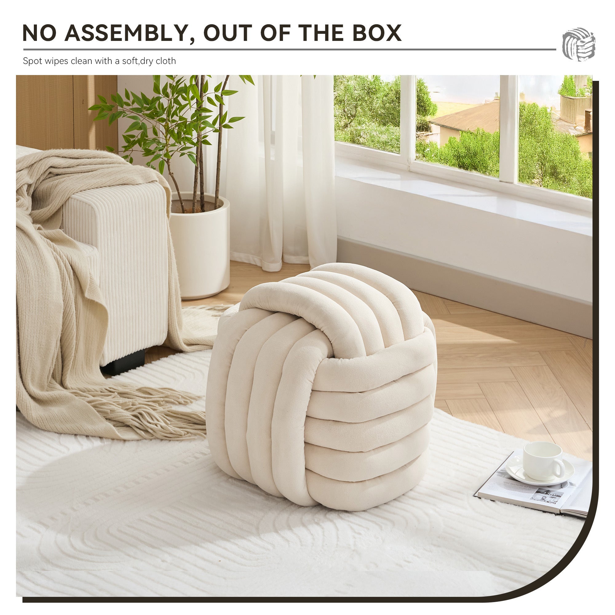 Haoyye Chenille Fabric Knot Design Ottoman Footstool Makeup Stool, Comfortable and Stylish Seat, Modern Upholstered Chair for Living Room or Bedroom, Beige, Sturdy and Space-Saving Furniture