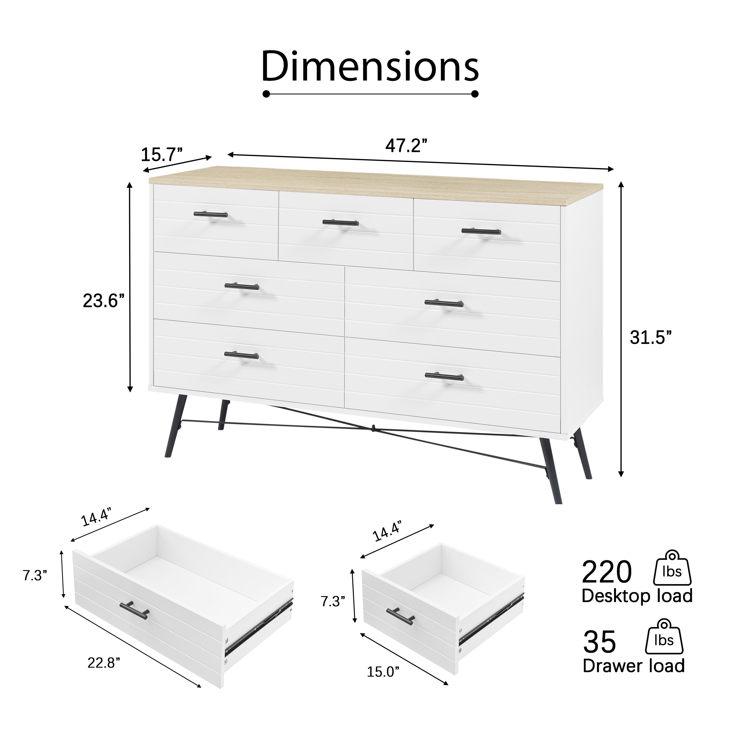 HAOYYE 7-Drawer Dresser for Bedroom with Deep Drawers, Modern White Wood Chest of Drawers, Long Storage Dresser for Closet and Living Room, White & Oak, Sturdy Space-Saving Design, Ideal for Organizing Clothes and Essentials