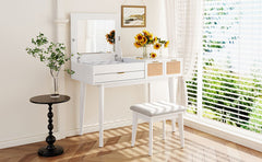 HAOYYE Classic Wood Makeup Vanity Set with Flip-top Mirror and Stool, Dressing Table with Three Drawers and Storage Space, White Modern Design, Luxury Style, Durable Material, Space-saving